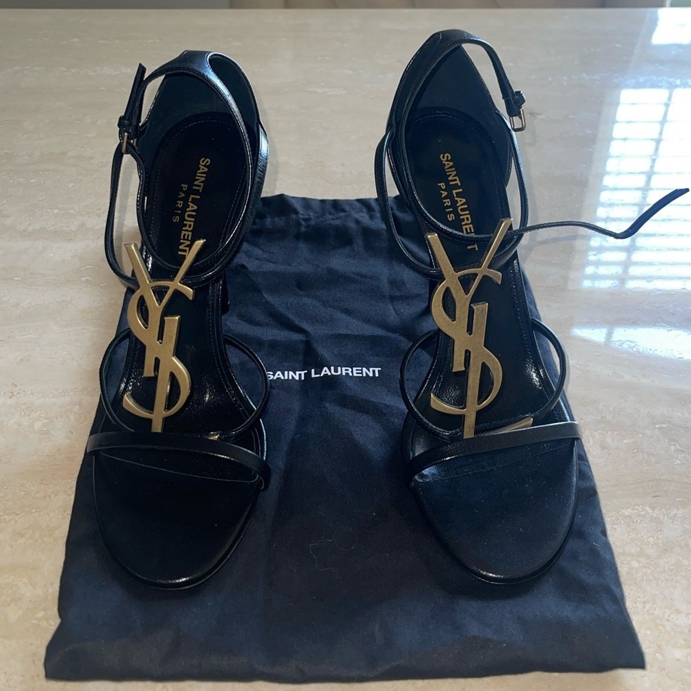 Saint Laurent Black Leather Stiletto Sandals with Gold YSL Logo - Picture 3 of 9